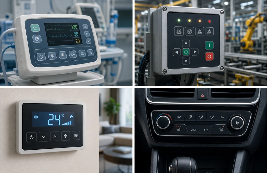 Membrane switch applications across medical equipment, industrial control panels, HVAC systems, and automotive dashboards.