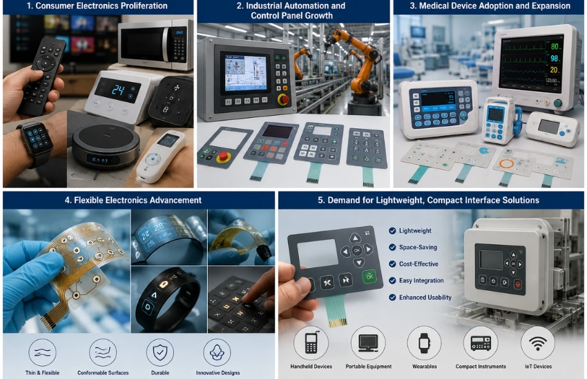 Membrane switch overlay graphic on an industrial control panel — a primary application driving market growth in 2026.