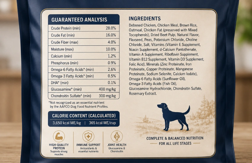 Pet Food Guaranteed Analysis Label