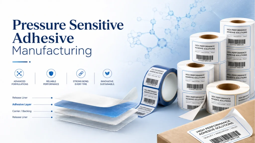 Pressure Sensitive Adhesive Manufacturing banner with premium label rolls, molecular graphics, and layered adhesive structure illustration.