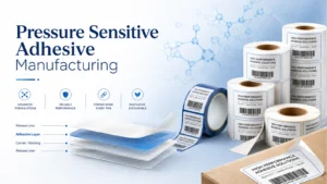 Pressure Sensitive Adhesive Manufacturing banner with premium label rolls, molecular graphics, and layered adhesive structure illustration.