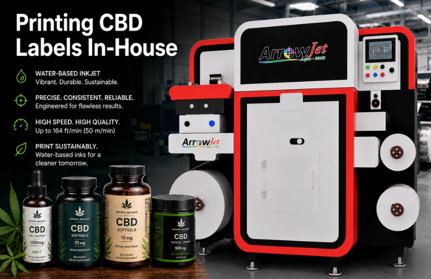 ArrowJet Aqua 330R digital label press producing CBD product labels on demand.