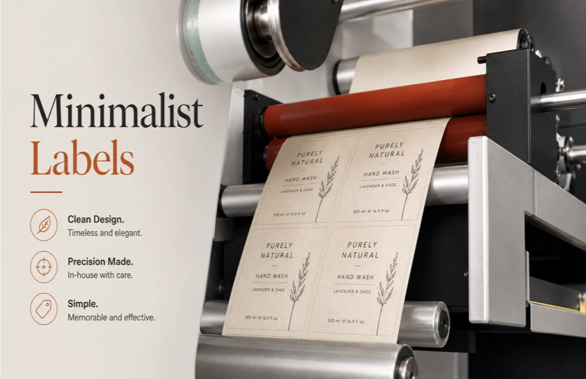 Modern industrial label printing machine producing elegant minimalist skincare-style labels in-house, featuring clean beige packaging design with premium typography and a professional manufacturing setup.