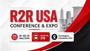R2R USA Conference & Expo banner with event dates May 19–21, 2026, booth number 218, and location Huntington, Cleveland, Ohio.