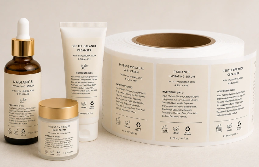 On-demand cosmetic label rolls printed on the ArrowJet Aqua 330R digital label press for beauty brand SKU production.