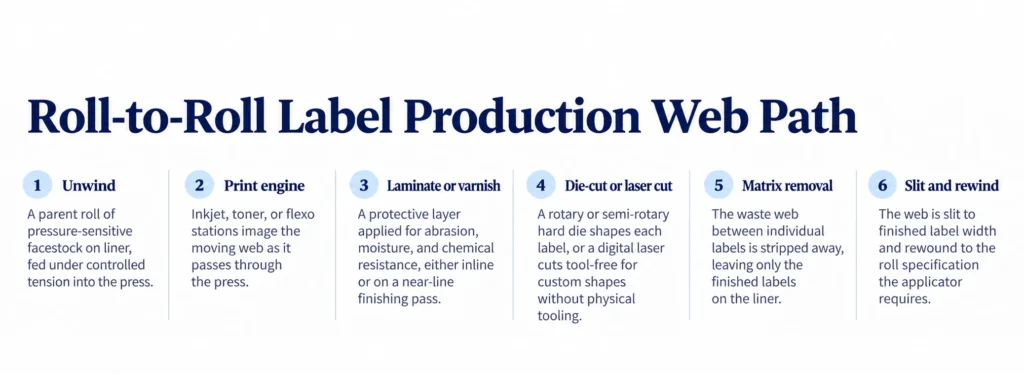 Roll-to-roll label production web path diagram from unwind through print, laminate, die-cut, matrix removal, slit, and rewind.