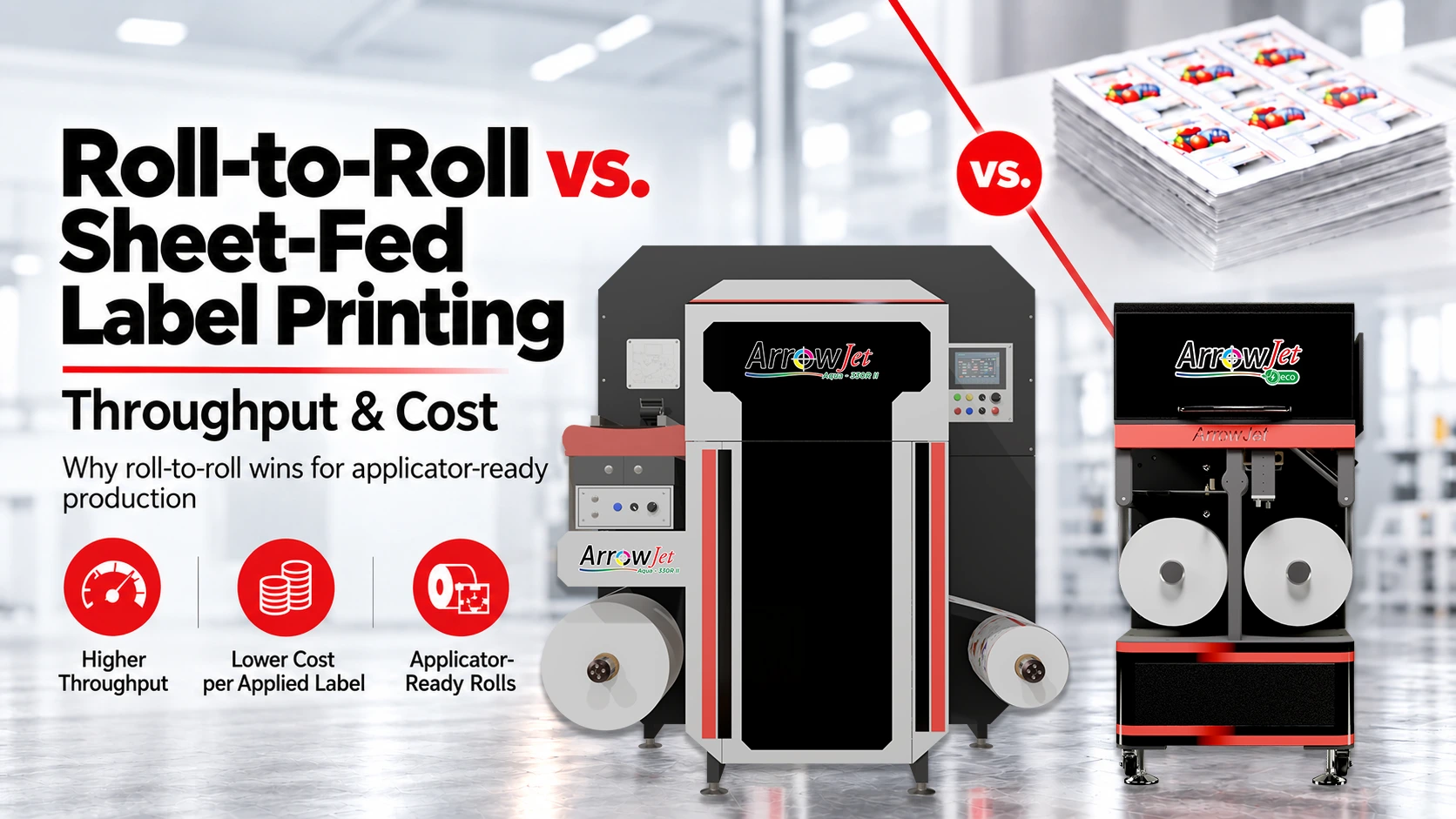 Roll-to-roll versus sheet-fed label printing production comparison.