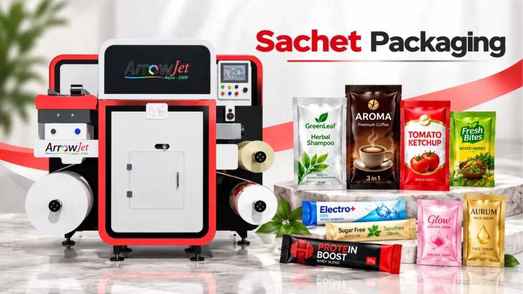 ArrowJet Aqua 330R Lite digital press enabling professional sachet packaging for small brands with no minimum order quantities