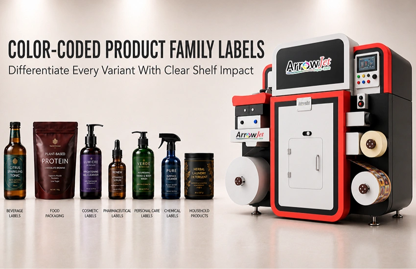 Product family using a color-coded label system to differentiate variants on shelf