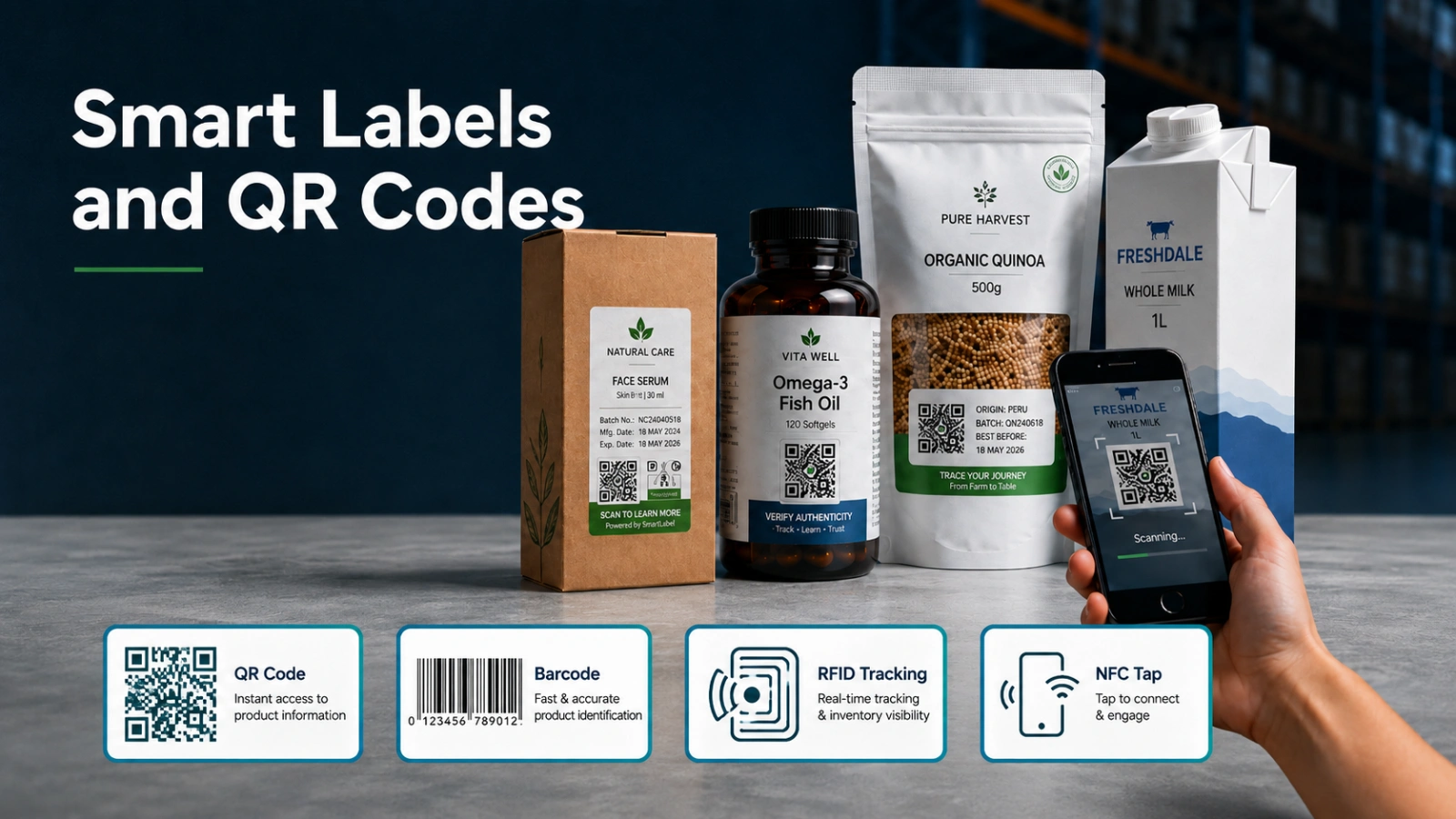 Smart labels and QR code packaging solutions shown on product labels with barcode, RFID tracking, and NFC tap options for product identification, traceability, and customer engagement.