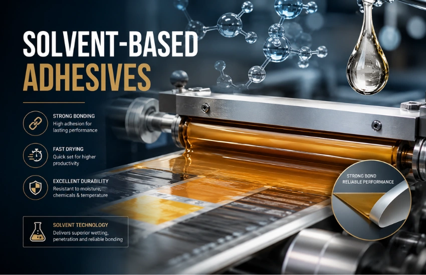 Industrial banner showing solvent-based adhesives being applied by coating rollers onto flexible packaging film, with molecular graphics, amber adhesive liquid, and icons highlighting strong bonding, fast drying, and durability.