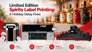 Limited-edition spirits label printing featuring ArrowJet Aqua 330R II, ArrowJet UV 330H, and ArrowCut Nova 330R machines for premium bottle labels, faster turnaround, and on-demand production.
