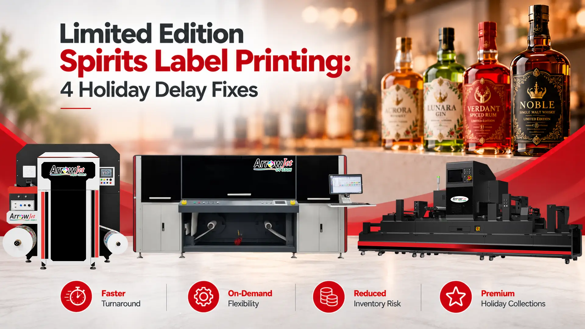 Limited-edition spirits label printing featuring ArrowJet Aqua 330R II, ArrowJet UV 330H, and ArrowCut Nova 330R machines for premium bottle labels, faster turnaround, and on-demand production.