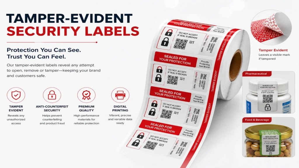 Tamper-evident security label roll with red-and-white protective labels, feature icons, and sample applications for pharmaceutical and food packaging.