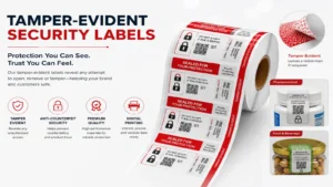 Tamper-evident security label roll with red-and-white protective labels, feature icons, and sample applications for pharmaceutical and food packaging.