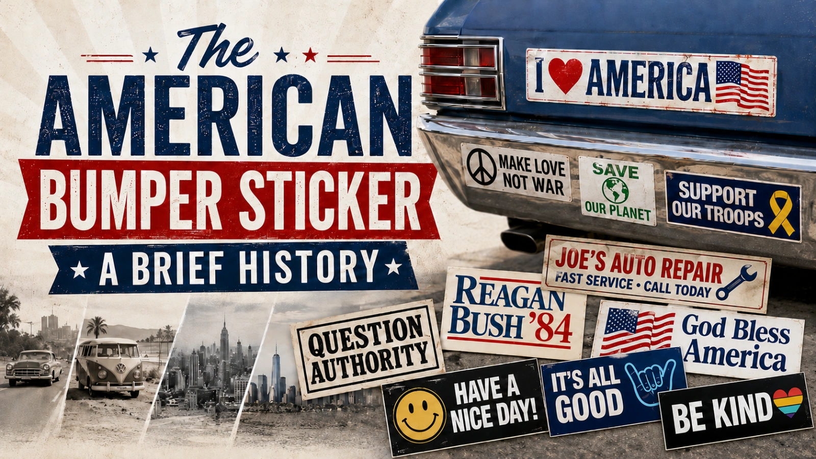 Colorful bumper stickers on an American vehicle, representing decades of public expression.