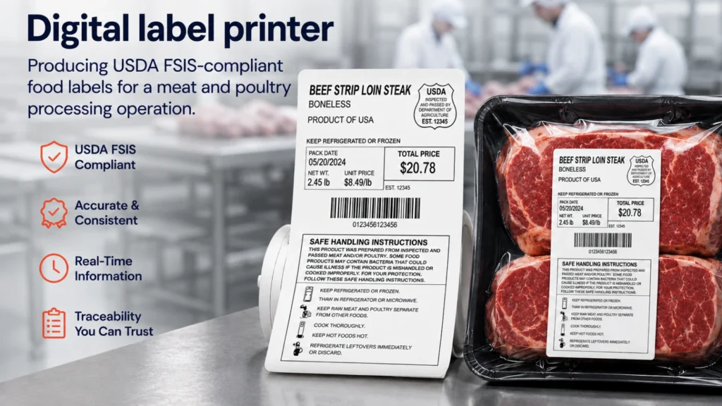 Digital label printer producing USDA FSIS-compliant food labels for a meat and poultry processing operation.