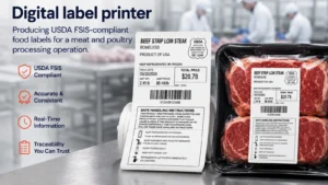Digital label printer producing USDA FSIS-compliant food labels for a meat and poultry processing operation.