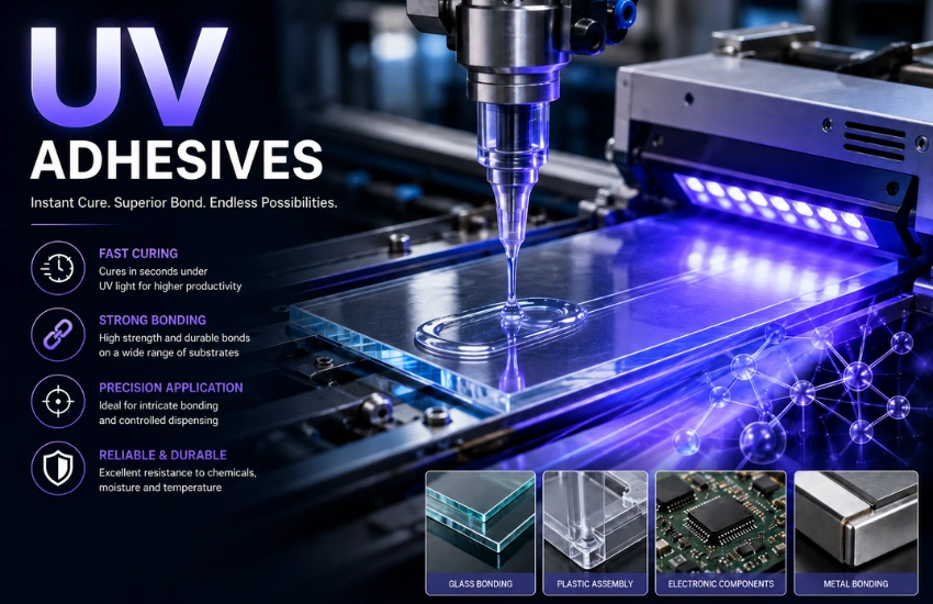 Industrial UV adhesives banner showing a precision dispensing nozzle applying clear adhesive onto glass or plastic while violet UV light cures the bond, with icons highlighting fast curing, strong bonding, precision application, and durability.