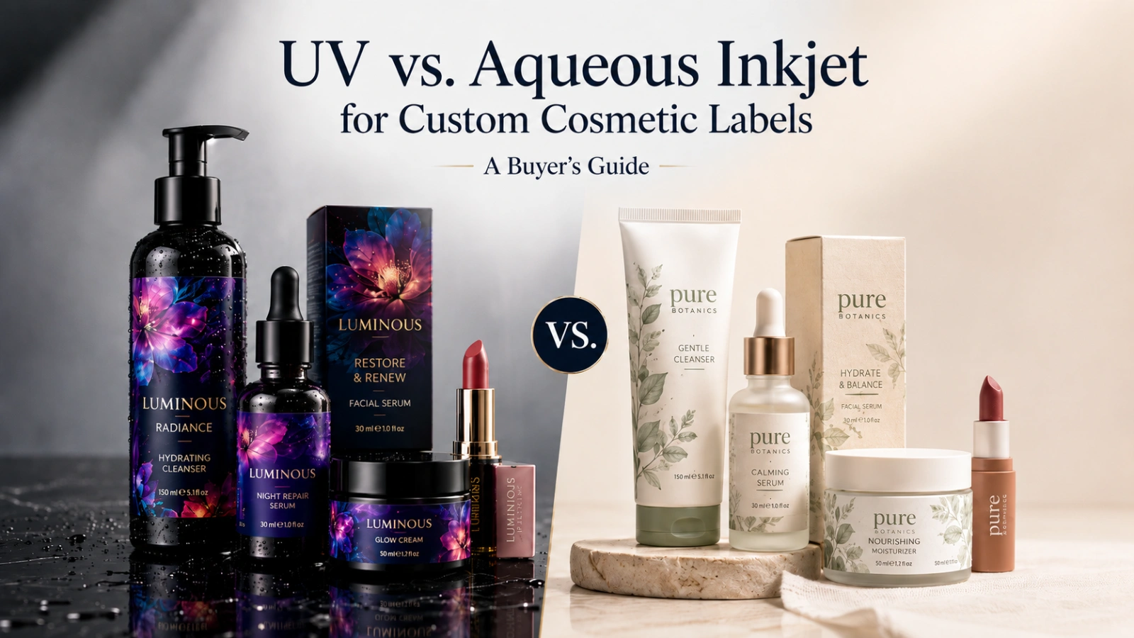 ArrowJet UV 330H and ArrowJet Aqua 330R digital label presses for custom cosmetic label production.