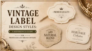 Vintage label design styles for product packaging.
