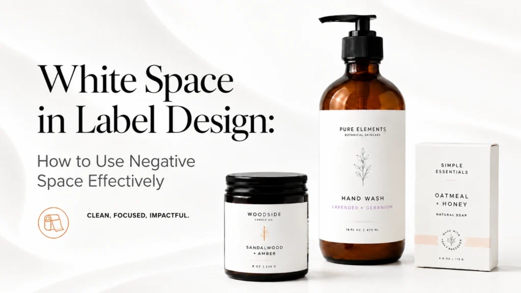 Two label designs side by side — a crowded label with no visual hierarchy versus a clean label with intentional white space and clear focal point.