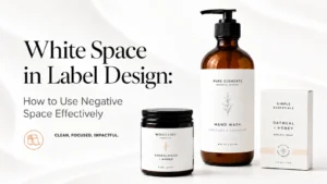 Two label designs side by side — a crowded label with no visual hierarchy versus a clean label with intentional white space and clear focal point.