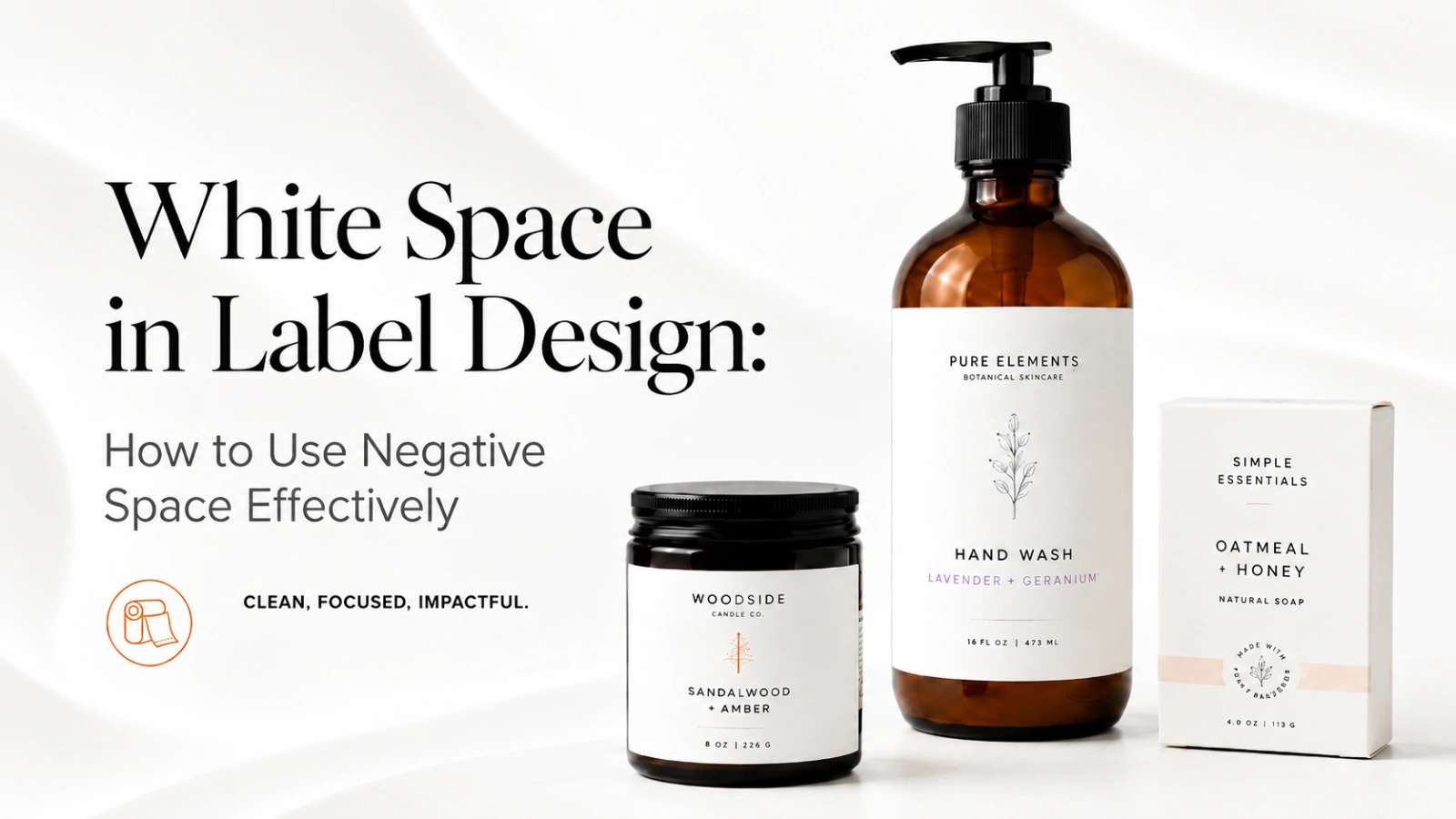 Two label designs side by side — a crowded label with no visual hierarchy versus a clean label with intentional white space and clear focal point.