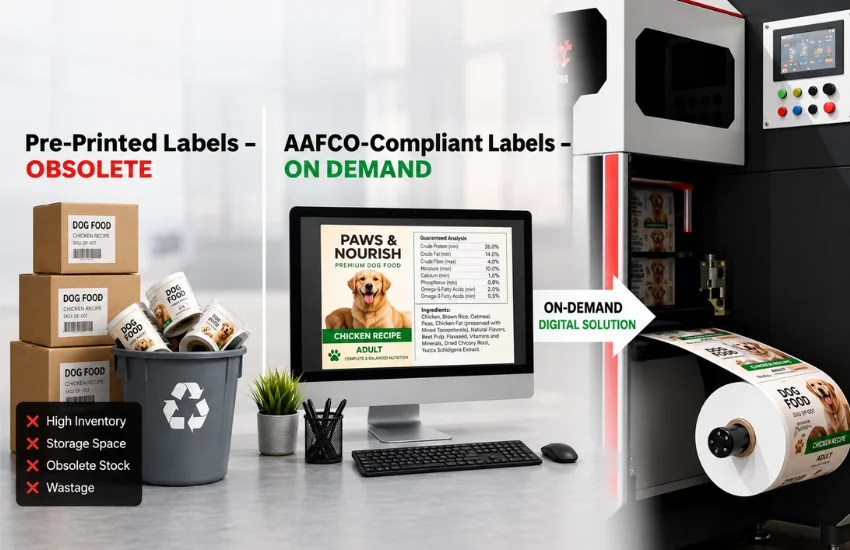 AAFCO-compliant pet food label showing PDP and information panel placement for guaranteed analysis, ingredient list, and feeding directions