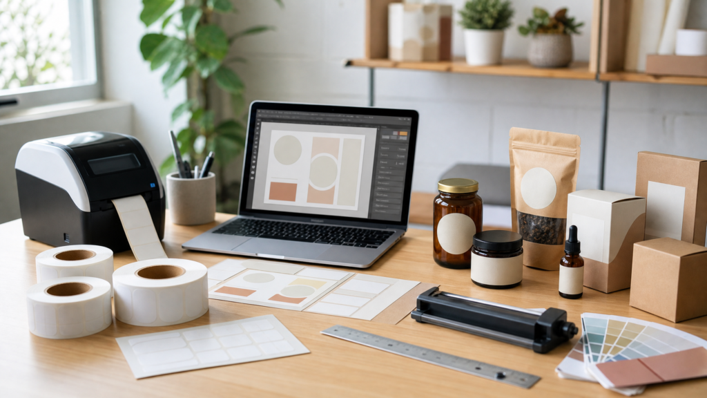 Budget-conscious product label samples arranged with material swatches and a cost worksheet