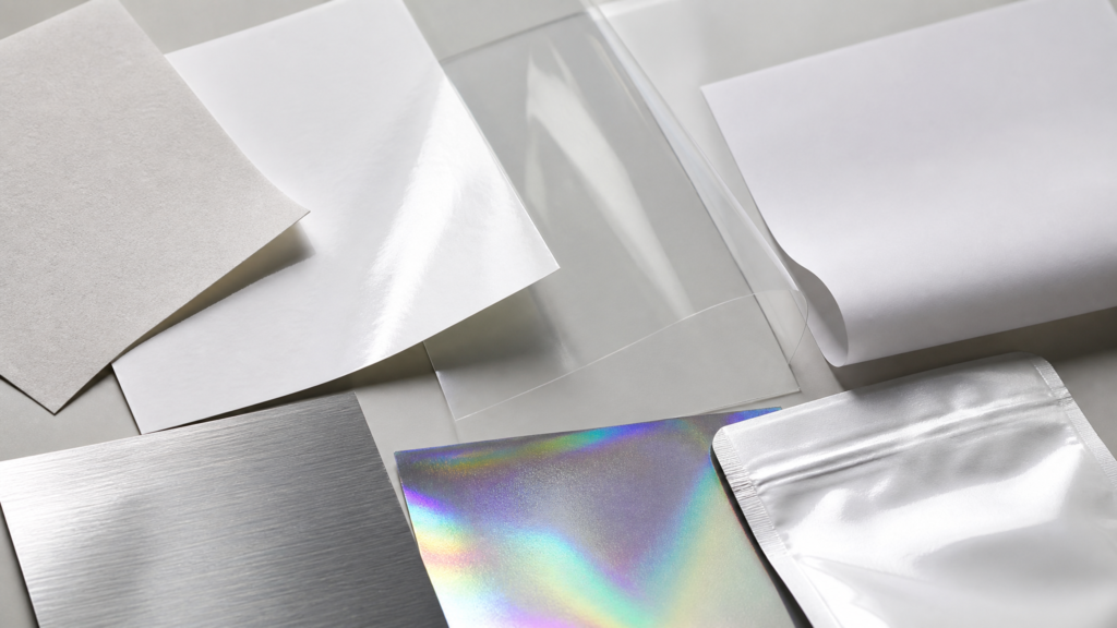 Assortment of paper, clear film, white film, and metallic roll label materials