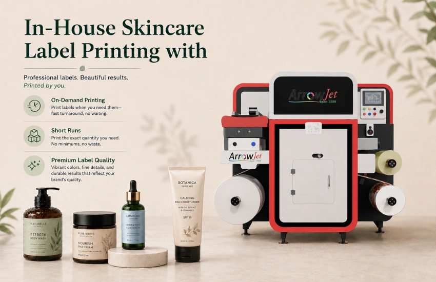 ArrowJet Aqua 330R digital label press printing high-quality cosmetic labels for skincare brands