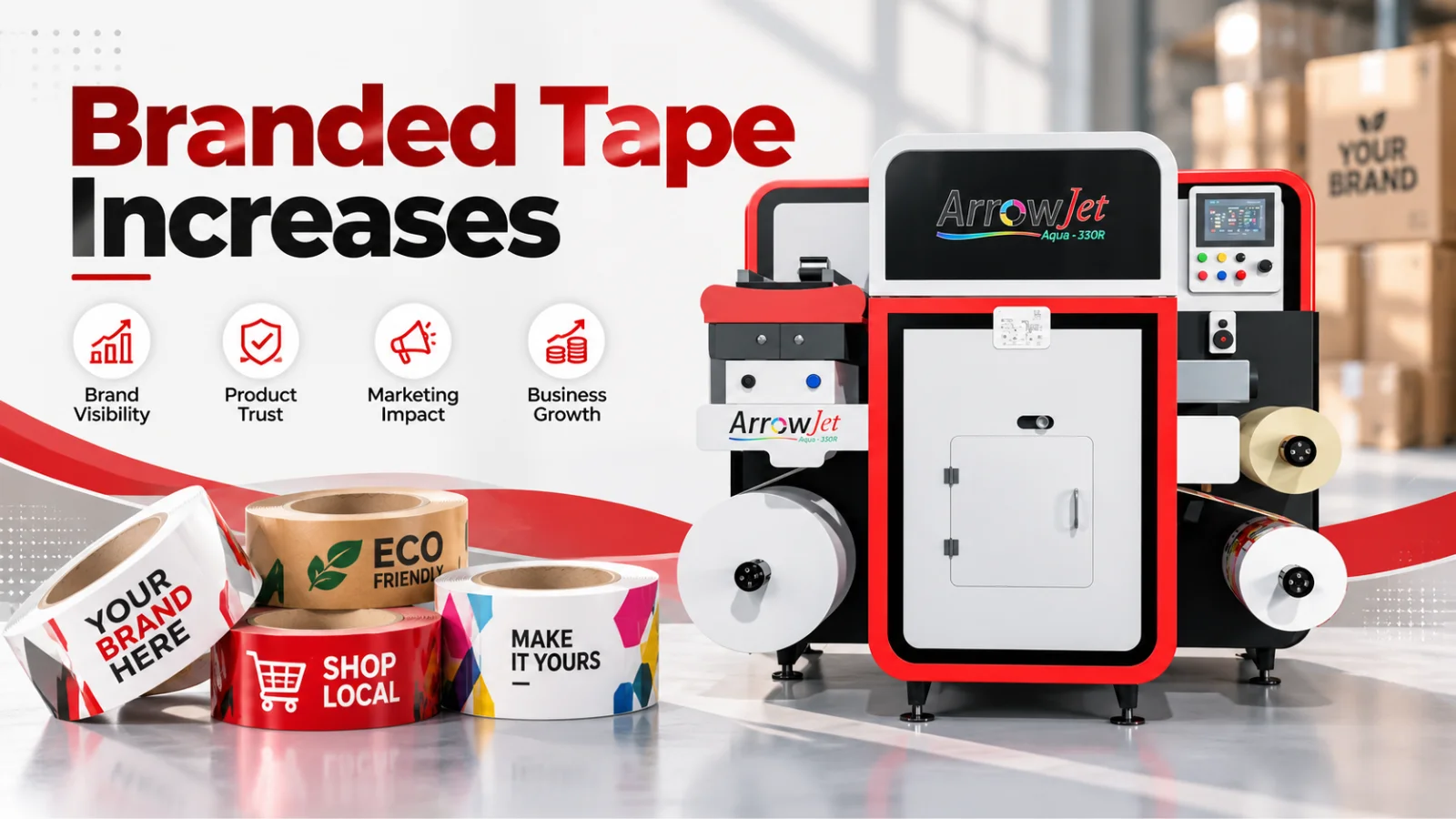 ArrowJet Aqua 330R Lite digital press enabling small businesses to print custom branded tape in-house with no minimum order quantities