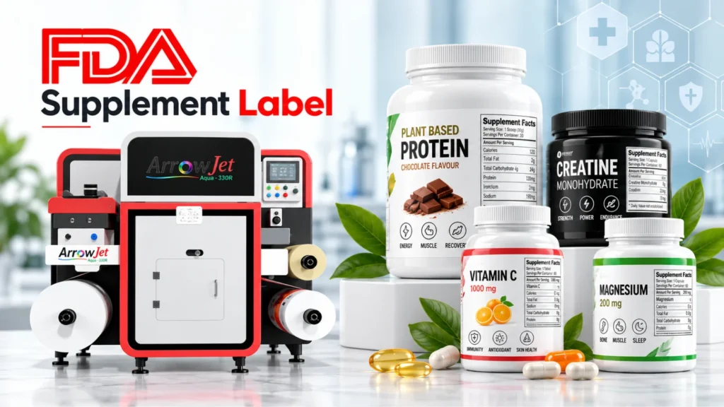 ArrowJet Aqua 330R Lite digital label press for printing FDA-compliant dietary supplement labels in-house with on-demand revision capability