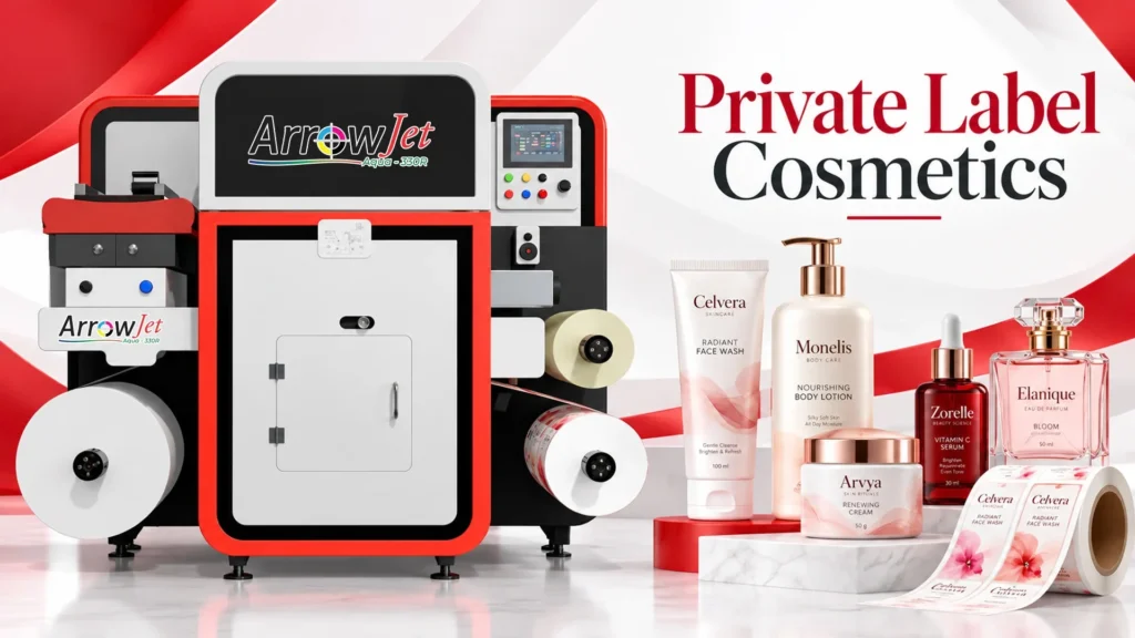 ArrowJet Aqua 330R Lite digital press printing premium cosmetics labels for private label and contract manufacturing brands