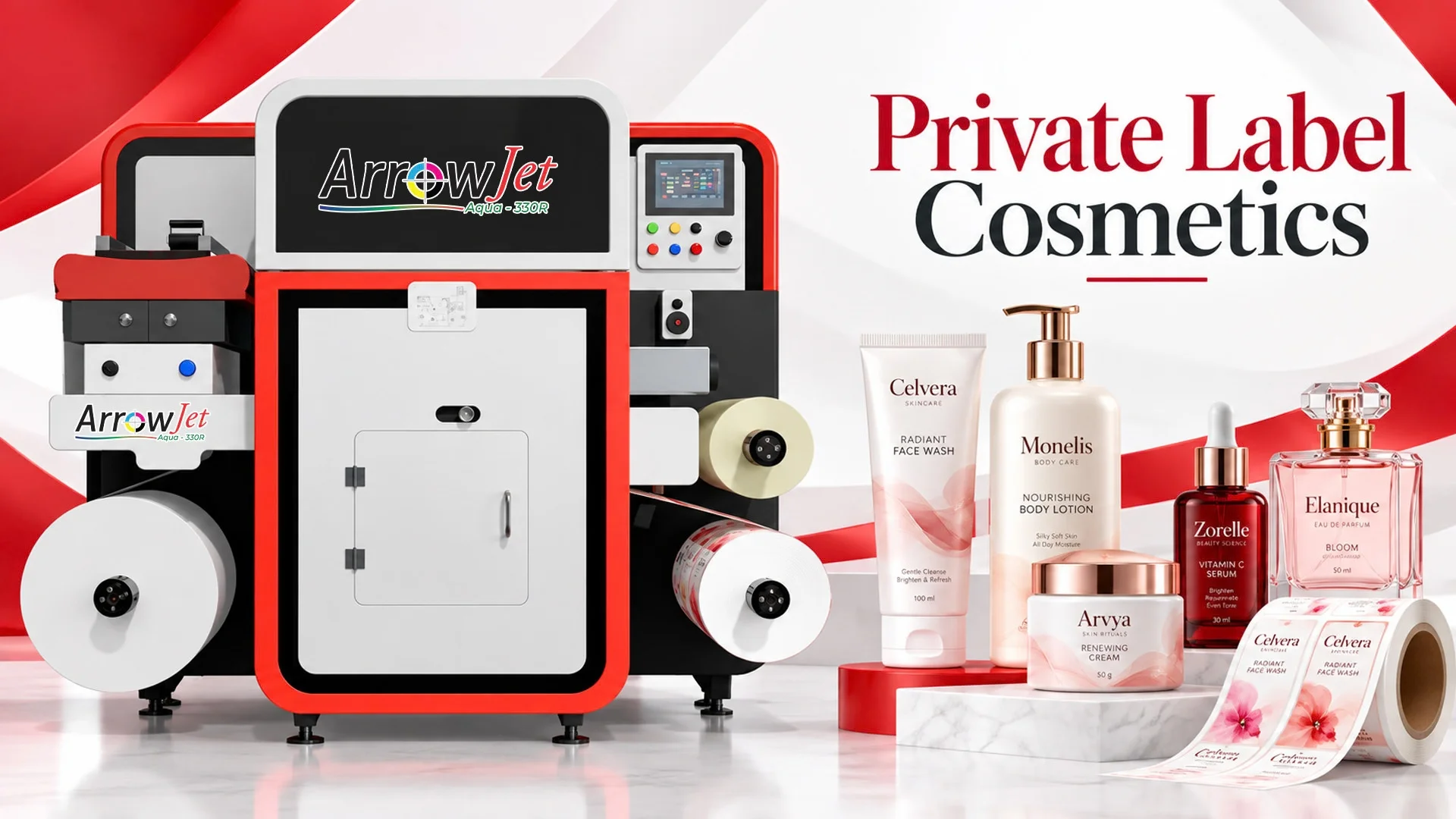 ArrowJet Aqua 330R Lite digital press printing premium cosmetics labels for private label and contract manufacturing brands