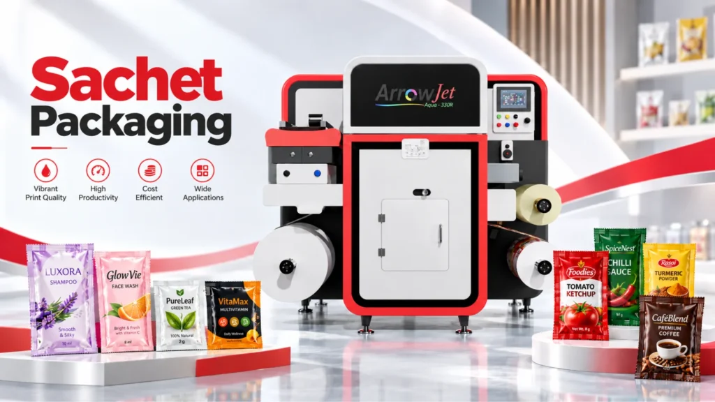 ArrowJet Aqua 330R Lite digital press enabling short-run sachet printing to eliminate SKU proliferation and minimum order cost exposure
