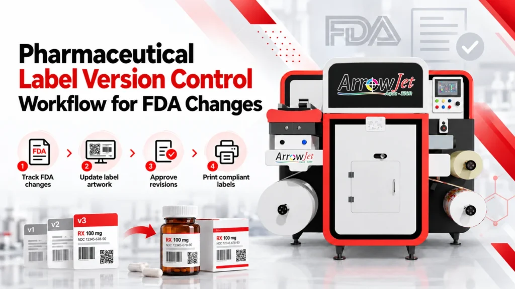 Pharmaceutical label version control workflow — gate sequence from change record to compliant labels on the line.