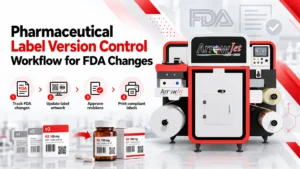 Pharmaceutical label version control workflow — gate sequence from change record to compliant labels on the line.