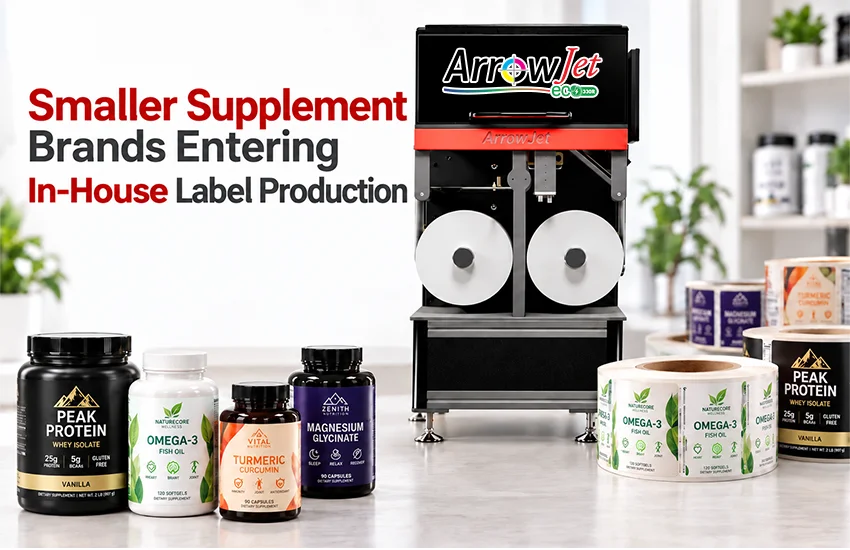 ArrowJet Aqua 330R digital label press printing dietary supplement labels in-house for nutraceutical brands