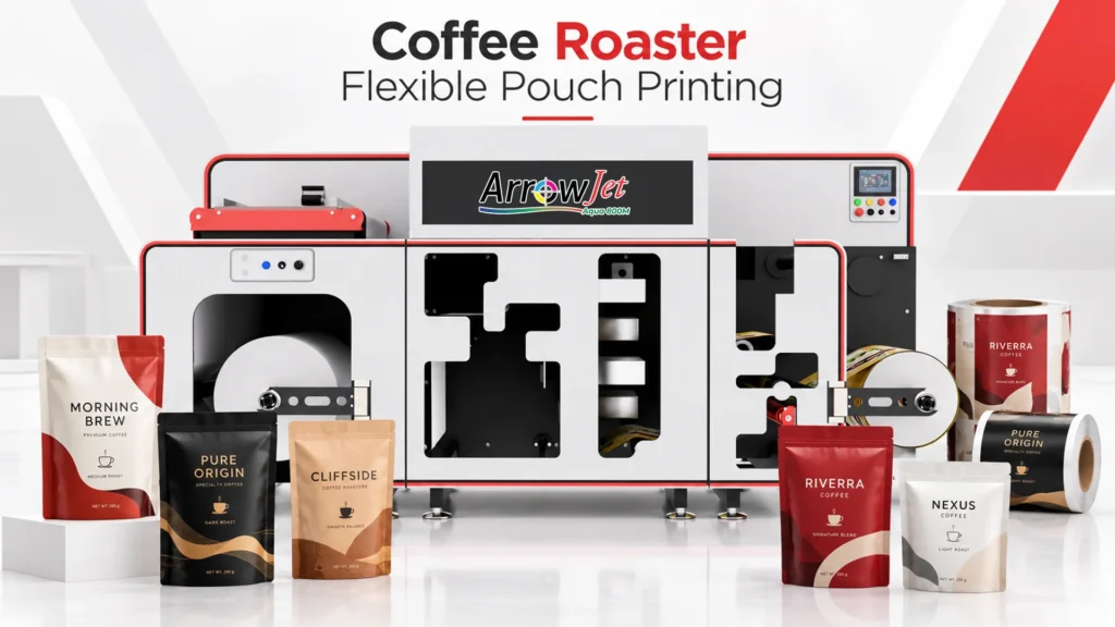 ArrowJet Aqua 800M wide-web digital press printing flexible film for coffee pouch production.