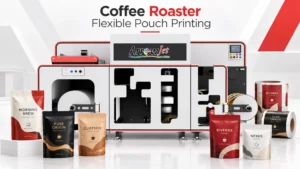 ArrowJet Aqua 800M wide-web digital press printing flexible film for coffee pouch production.