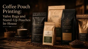 ArrowJet Aqua 800M producing coffee valve bags and stand-up pouches in a specialty roastery setting.