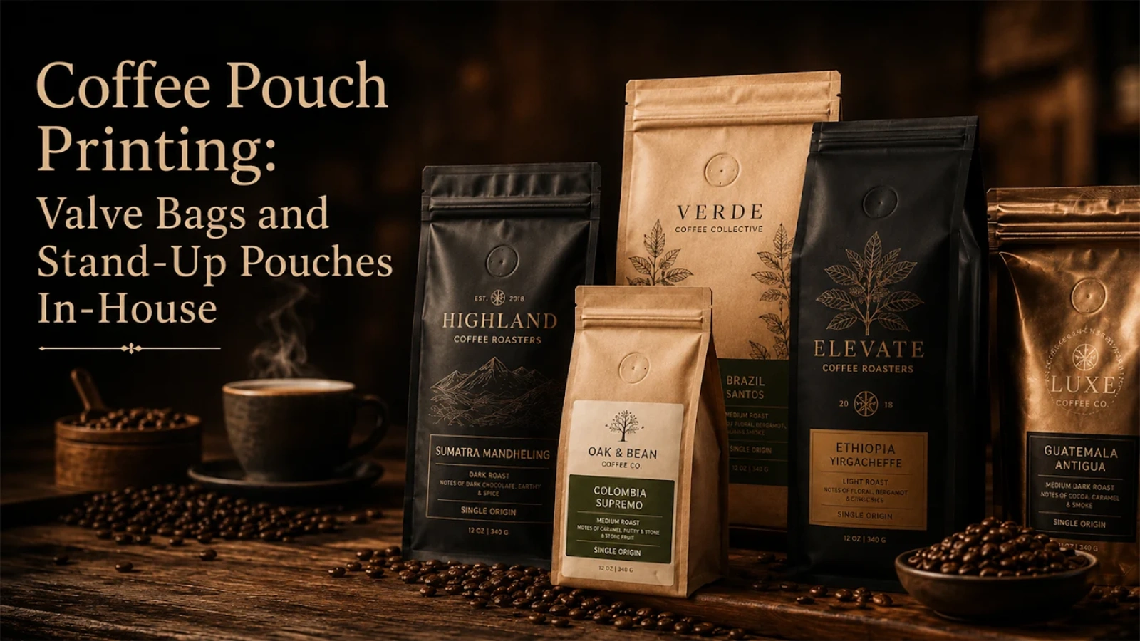 ArrowJet Aqua 800M producing coffee valve bags and stand-up pouches in a specialty roastery setting.