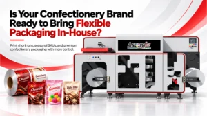 ArrowJet Aqua 800M wide-web water-based inkjet printer producing printed rollstock for confectionery Flexible Packaging In-House.