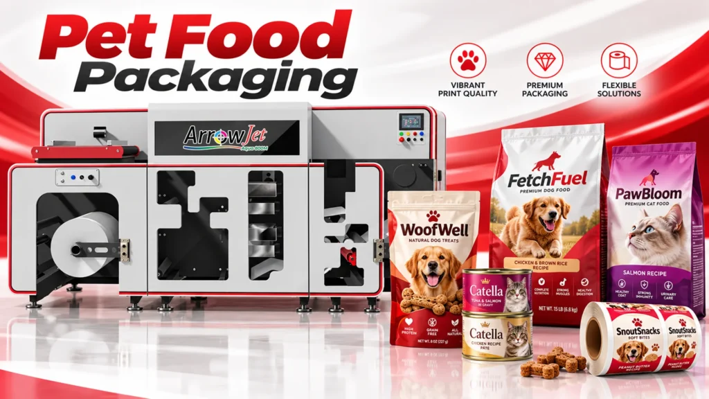 ArrowJet Aqua 800M 25-inch wide-web digital press for in-house pet food flexible stand-up pouch and flat-bottom bag printing