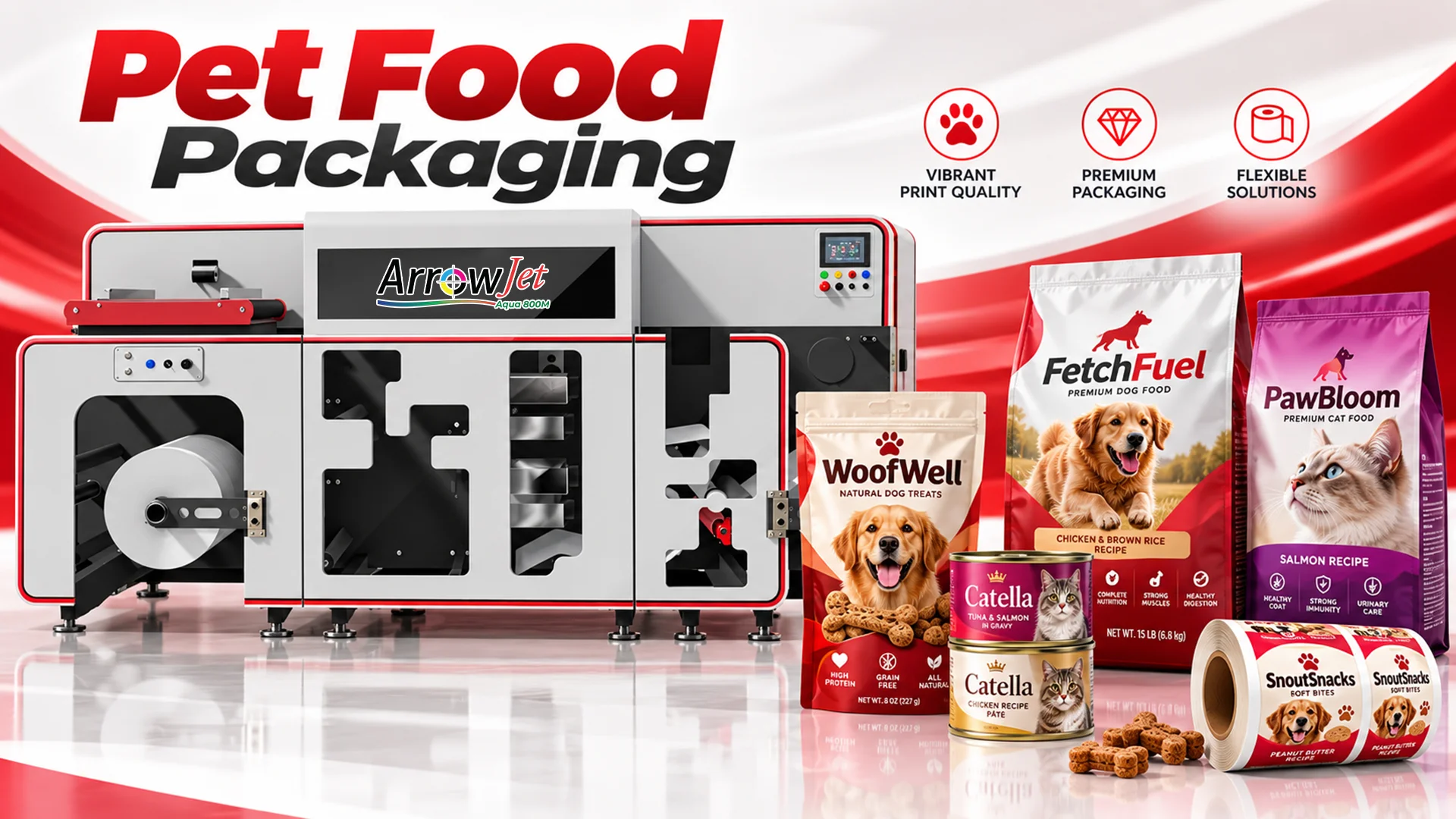 ArrowJet Aqua 800M 25-inch wide-web digital press for in-house pet food flexible stand-up pouch and flat-bottom bag printing