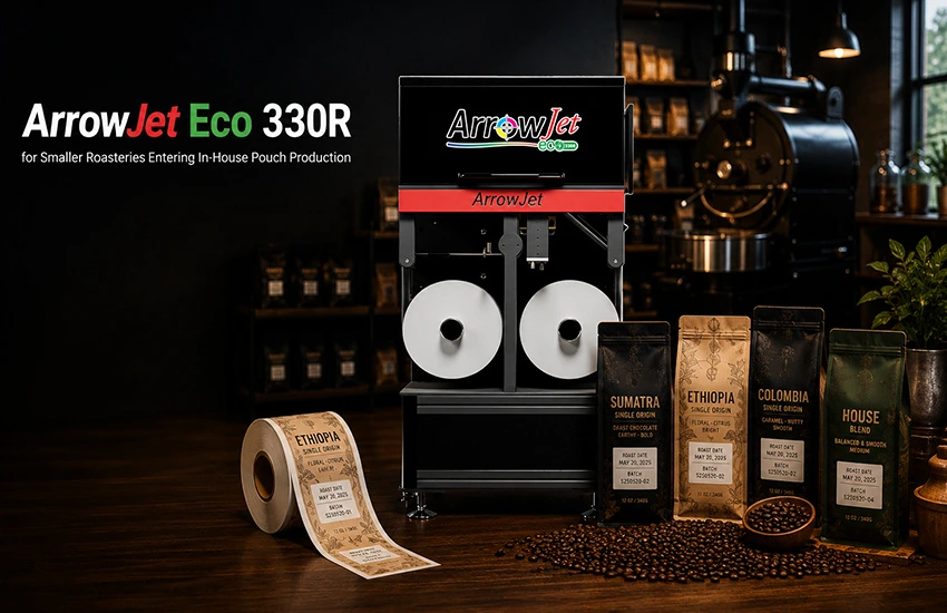 ArrowJet Eco 330R digital press in a small specialty roastery bringing coffee label and pouch printing in-house.