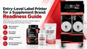 ArrowJet Eco 330R entry-level digital label press printing supplement labels in-house.