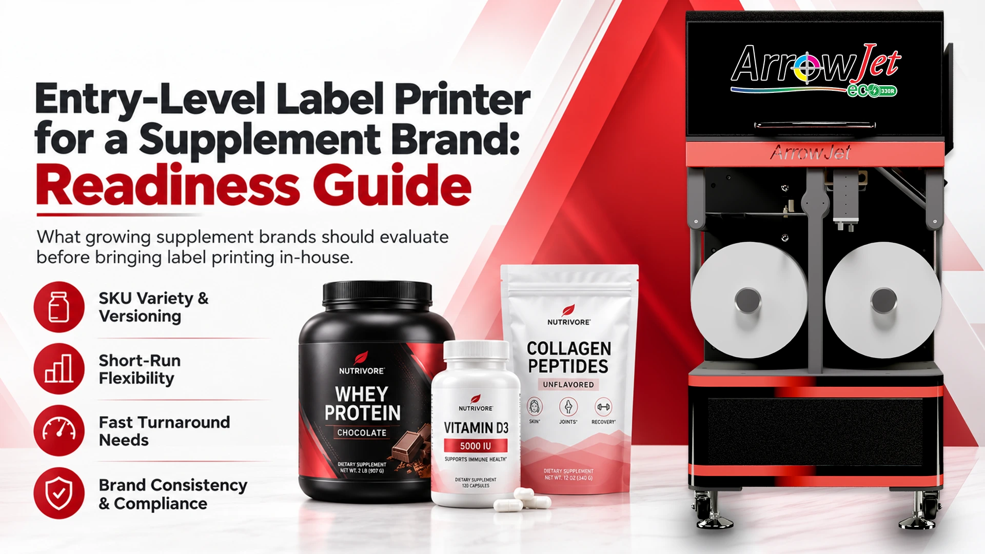 ArrowJet Eco 330R entry-level digital label press printing supplement labels in-house.